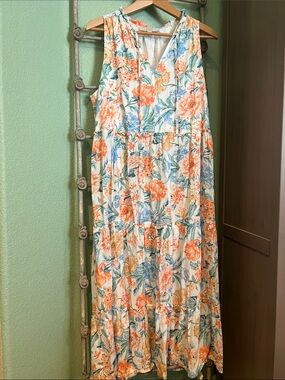 LOFT Cream Floral Tiered Maxi Dress with Orange & Blue Accents
